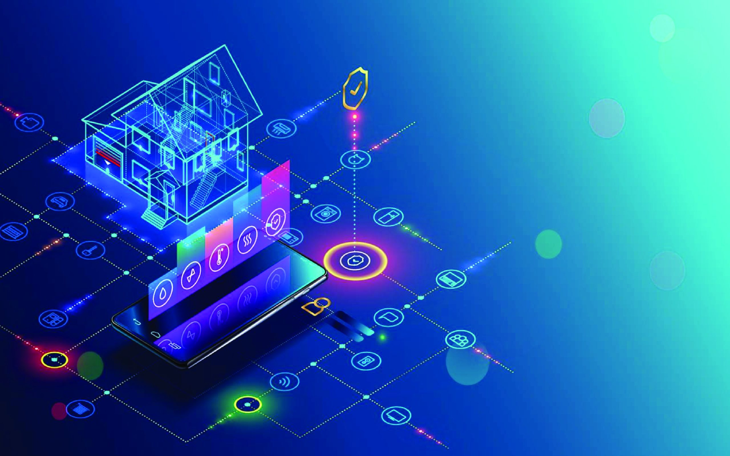 . Smart home system application interface. 3d house plan x-ray. Hand touching on tablet screen. Control locks doors and windows over internet of things with tablet application. Security Home System
